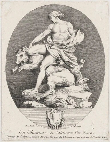 A Hunter Grabbing a Bear, from "Group of Subjects Drawn From Antiquity" by Anne Claude Philippe de Tubières, print, 1737
