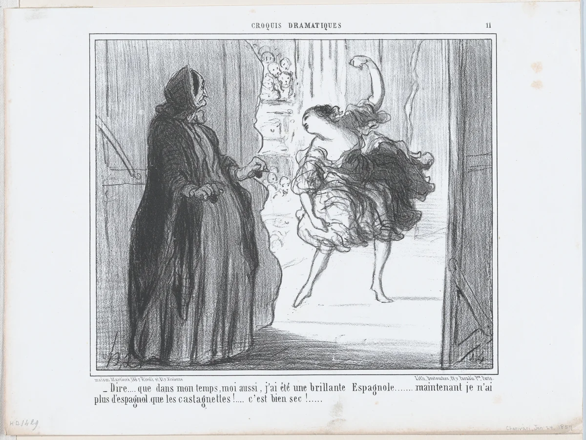 Dire que dans mon temps, moi aussi..., from Croquis Dramatiques, published in Le Charivari, January 24, 1857 by Honoré Daumier, print, 1857