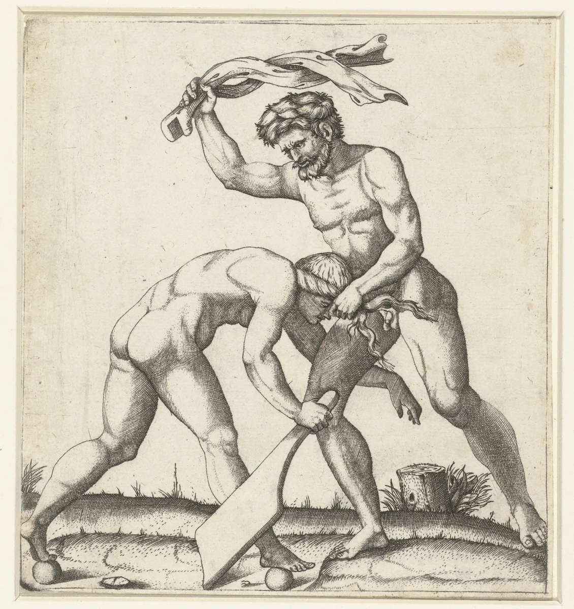 Man vechtend met vrouw als personificatie van Fortuin (Fortuna) by Marcantonio Raimondi, print, 1510-1527