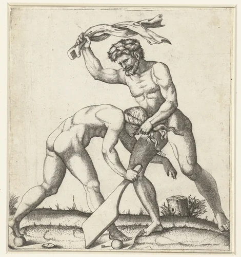 Man vechtend met vrouw als personificatie van Fortuin (Fortuna) by Marcantonio Raimondi, print, 1510-1527
