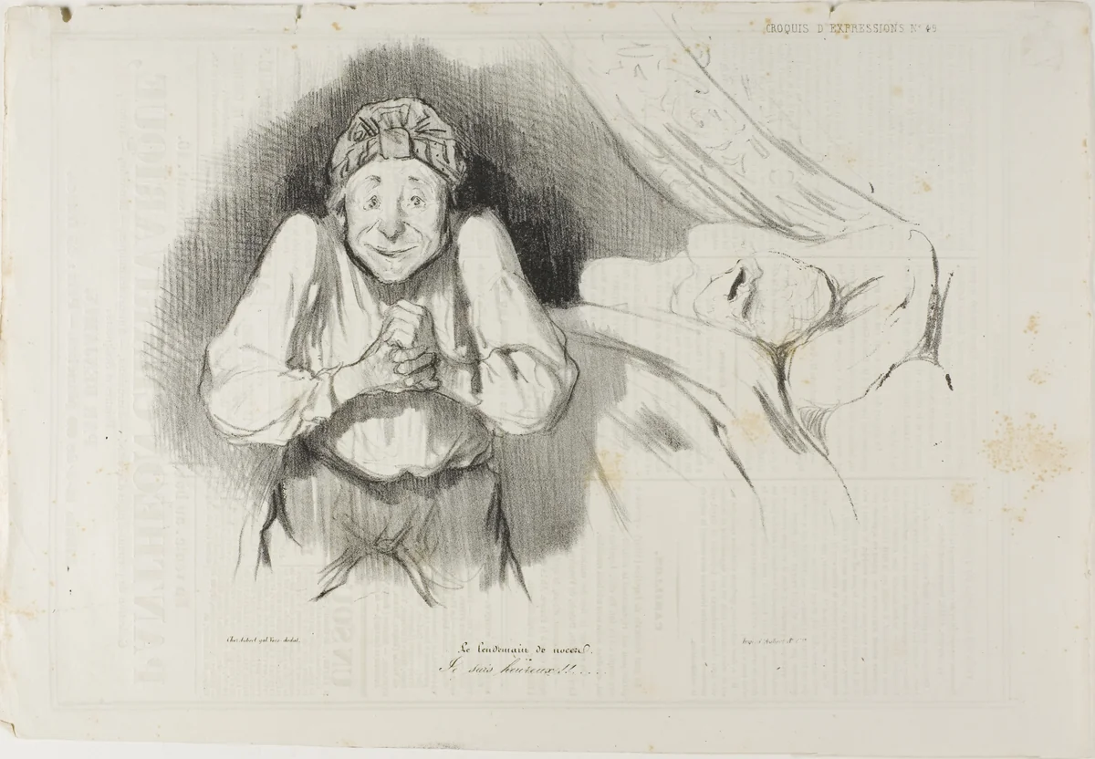 Abuse of article 214 of the civil law. “My lady wife, you let me want for everything, you only allow me a miserable pension of three thousand francs, you throw me out of your door like a beggar, and, what is more, you want to drive me away from Paris, exile me, deport me!... No! No! I won't leave France! I won't! I won't!!... Listen, I owe my friend Bertrand 10'000 Fr., it's a gambler's debt, a debt of honor, I owe my cook 525 Fr. and ten francs for my chambers, a total of 10'535 Fr. Let me have a few thousand francs more to take my mind off my domestic worries and, on my word of honor, I won't pester you any longer,” plate 50 from Caricaturana by Honoré-Victorin Daumier, print, 1839