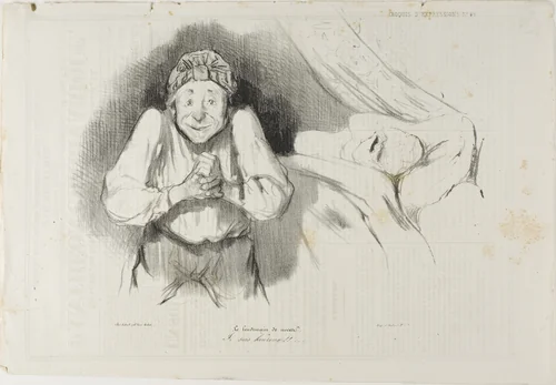 Abuse of article 214 of the civil law. “My lady wife, you let me want for everything, you only allow me a miserable pension of three thousand francs, you throw me out of your door like a beggar, and, what is more, you want to drive me away from Paris, exile me, deport me!... No! No! I won't leave France! I won't! I won't!!... Listen, I owe my friend Bertrand 10'000 Fr., it's a gambler's debt, a debt of honor, I owe my cook 525 Fr. and ten francs for my chambers, a total of 10'535 Fr. Let me have a few thousand francs more to take my mind off my domestic worries and, on my word of honor, I won't pester you any longer,” plate 50 from Caricaturana by Honoré-Victorin Daumier, print, 1839