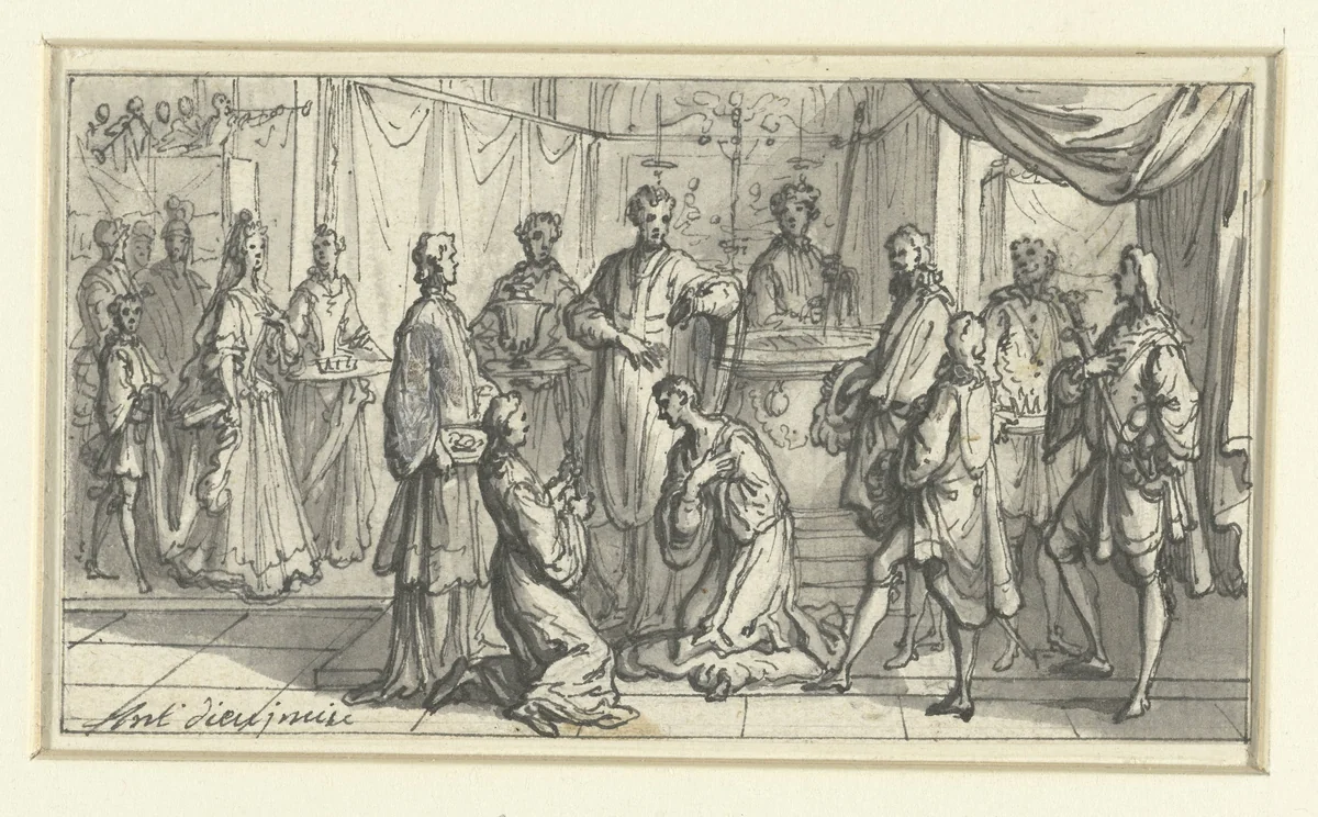 Priester zegent een knielende vorst by Antoine Dieu, drawing, 1672-1727