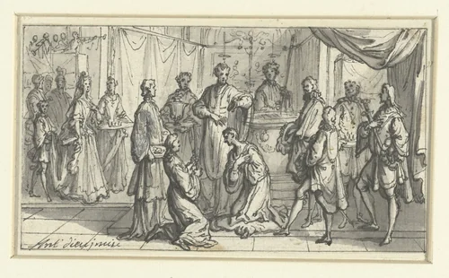 Priester zegent een knielende vorst by Antoine Dieu, drawing, 1672-1727