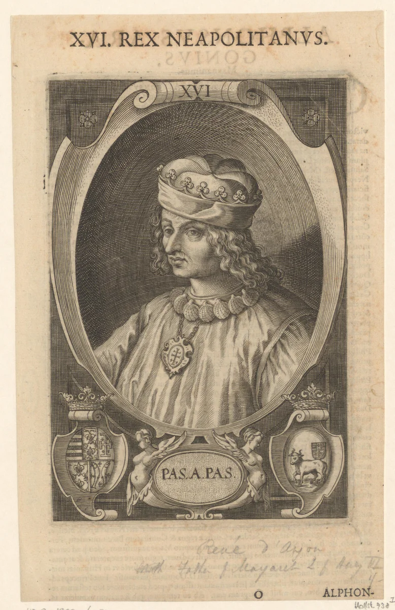 Portret van René I van Anjou, koning van Napels by Lucas Kilian, print, 1589-1624