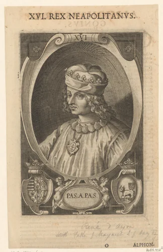 Portret van René I van Anjou, koning van Napels by Lucas Kilian, print, 1589-1624