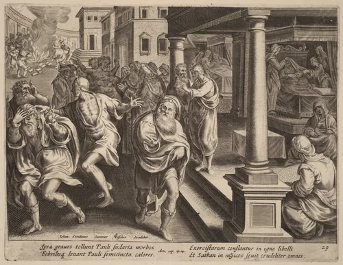 Saint Paul Driving Out Evil Spirits by Philip Galle, print, 1537-1612