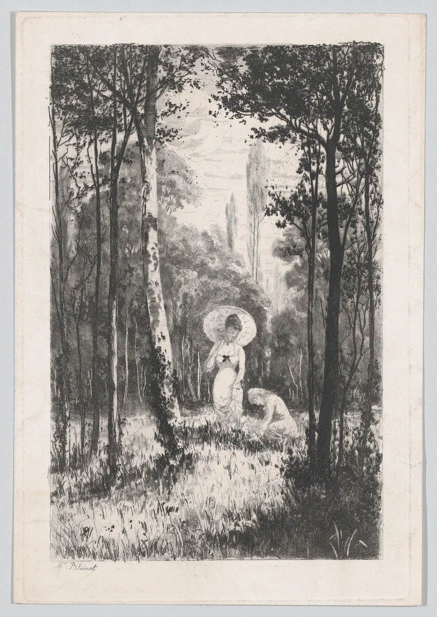 Two women in a clearing in the woods, one holding a parasol, the other seated in the grass by Marcel Blairat, print, 1870-1891