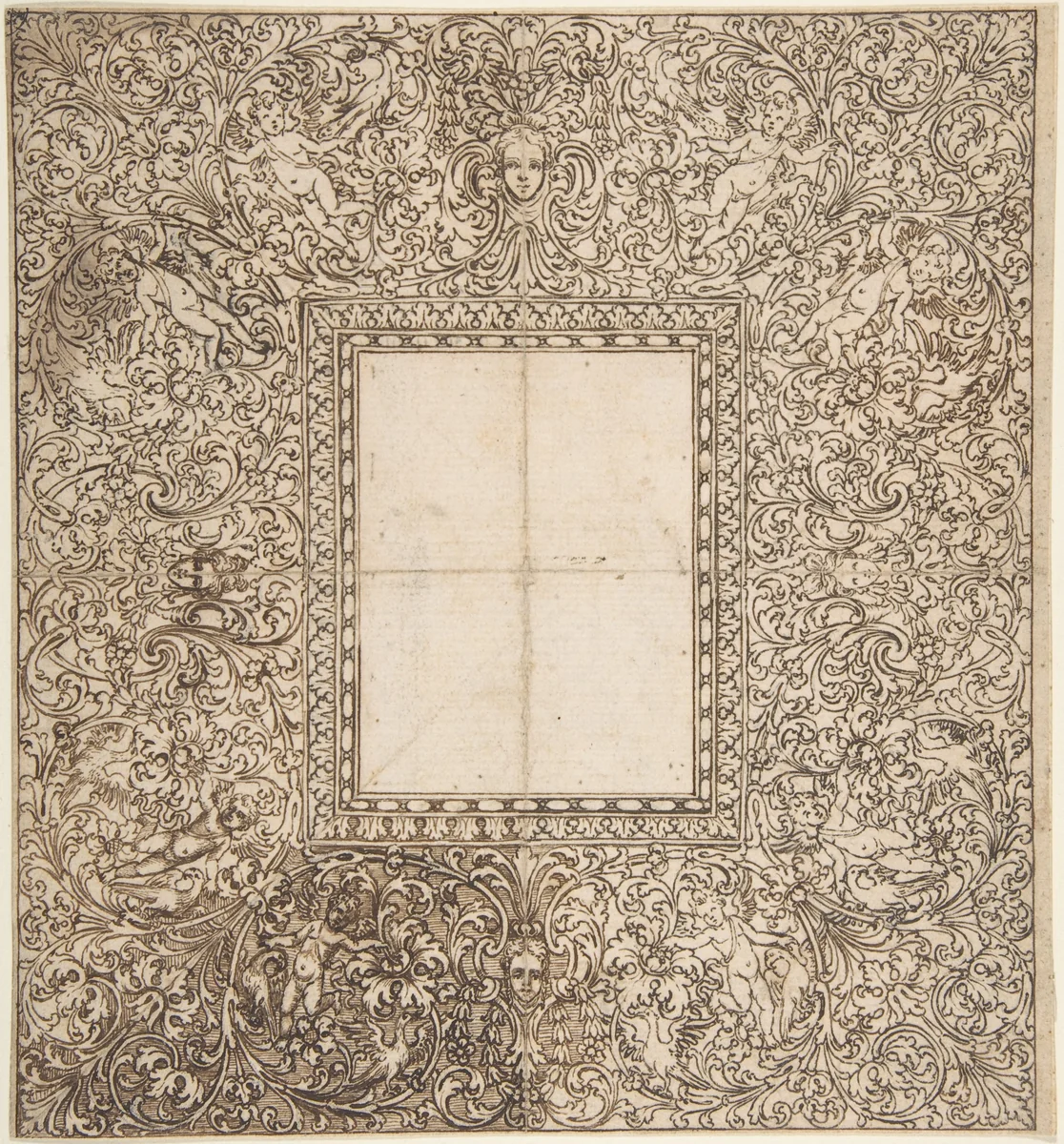 Design for a frame with foliates and putti by anonymous, drawing, 1600-1699
