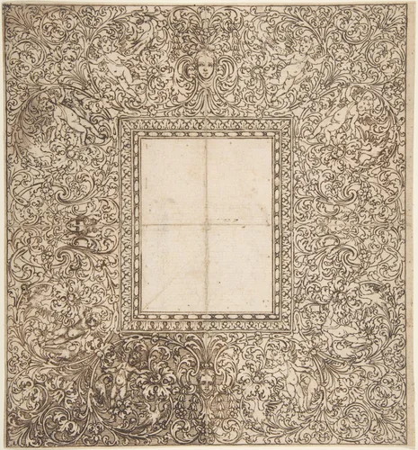 Design for a frame with foliates and putti by anonymous, drawing, 1600-1699