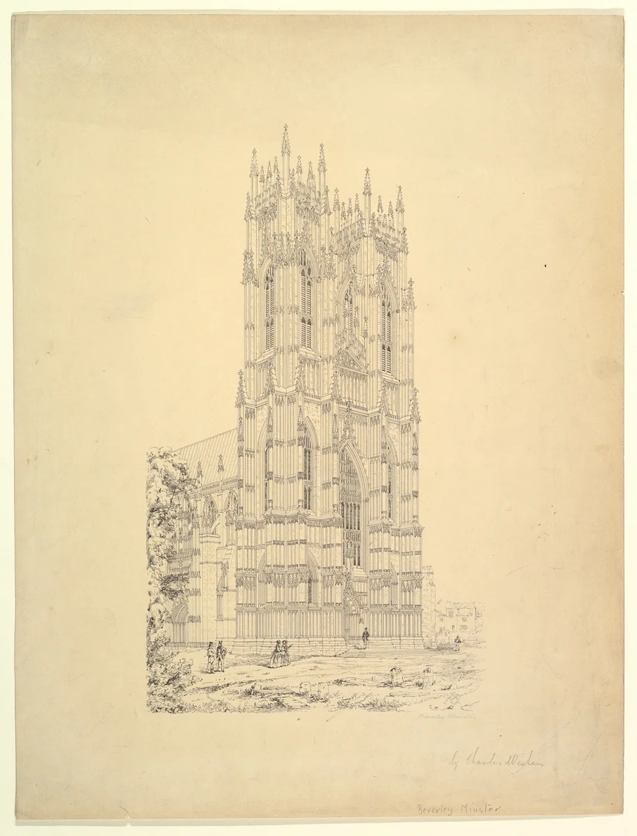 The Beverley Minster, Yorkshire, England, Perspective View of the West Façade by Charles Wickes, drawing, 1850-1859