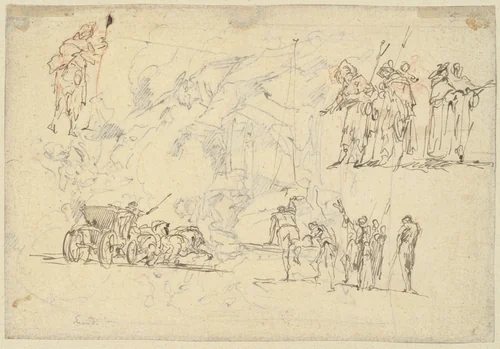 Figure Studies and a Horse-Drawn Carriage (recto) by Gaspare Diziani, drawing, 1700-1725