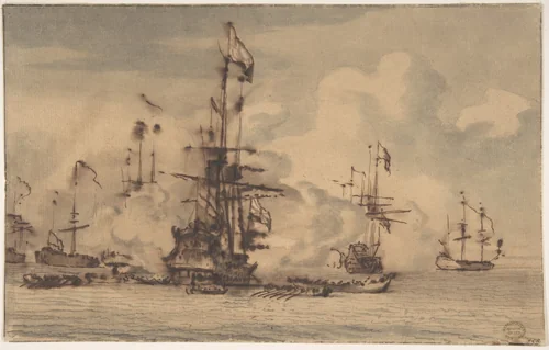 Sea Fight by Willem van de Velde II, drawing, 1648-1707