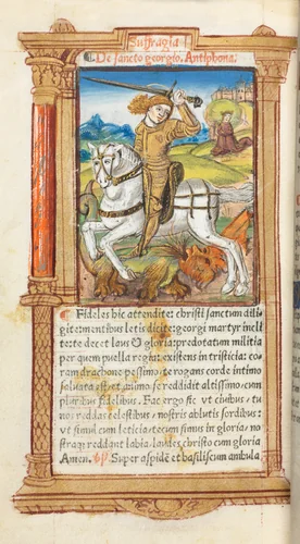 Printed Book of Hours (Use of Rome): fol. 103v, St. George Slaying the Dragon by Guillaume Le Rouge, book, 1510