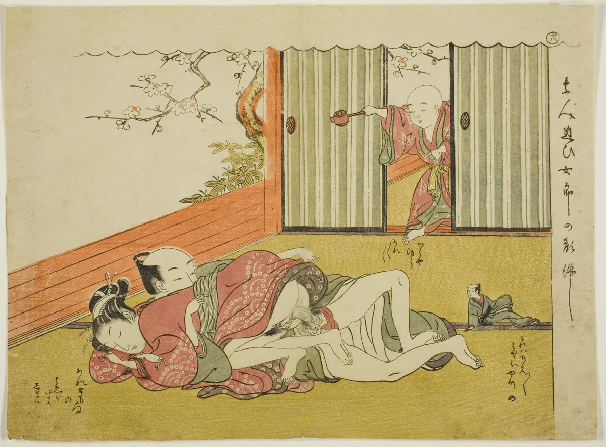 Lovers Interrupted, sheet 18 from the series "Poems of the Husband and Wife Mane'emon (Haikai meoto Mane'emon)" by Isoda Koryusai, print, 1765-1776