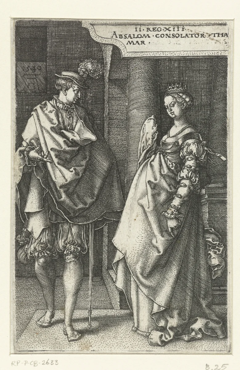 Absalom troost Tamar by Unknown, print, 1540