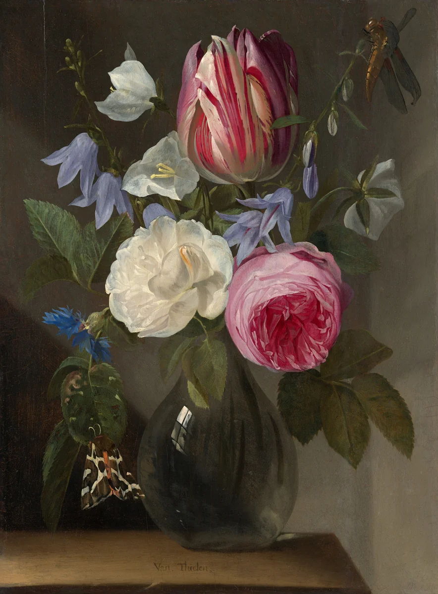 Roses and a Tulip in a Glass Vase by Jan Philips van Thielen, painting, 1650-1660
