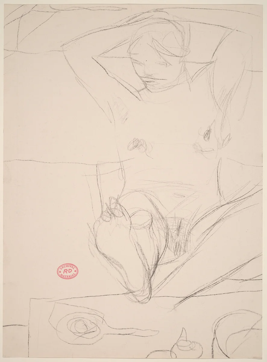 Untitled [seated female nude with foot on table and arms behind head] by Richard Diebenkorn, drawing, 1955-1967