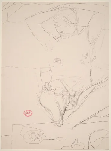 Untitled [seated female nude with foot on table and arms behind head] by Richard Diebenkorn, drawing, 1955-1967