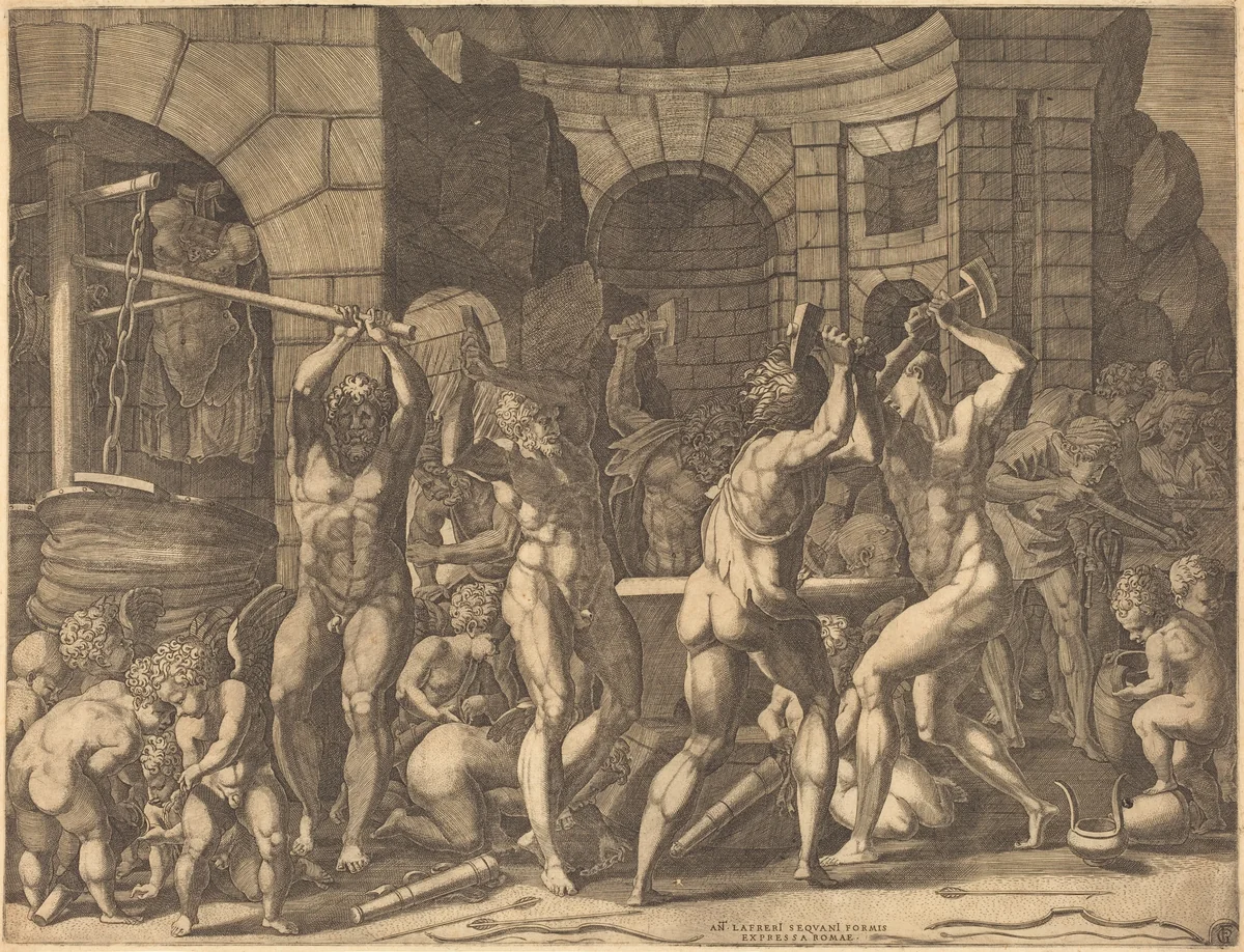 Vulcan and the Cyclopes Forging Arrows by Francesco Primaticcio, print, 1457-1594