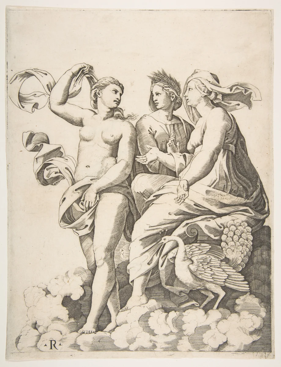 Juno, Ceres, and Psyche in the clouds conversing, Juno seated with a peacock at her feet, Ceres wearing a garland of wheat and Psyche partially naked and holding a cloth by Marco Dente, print, 1510-1532