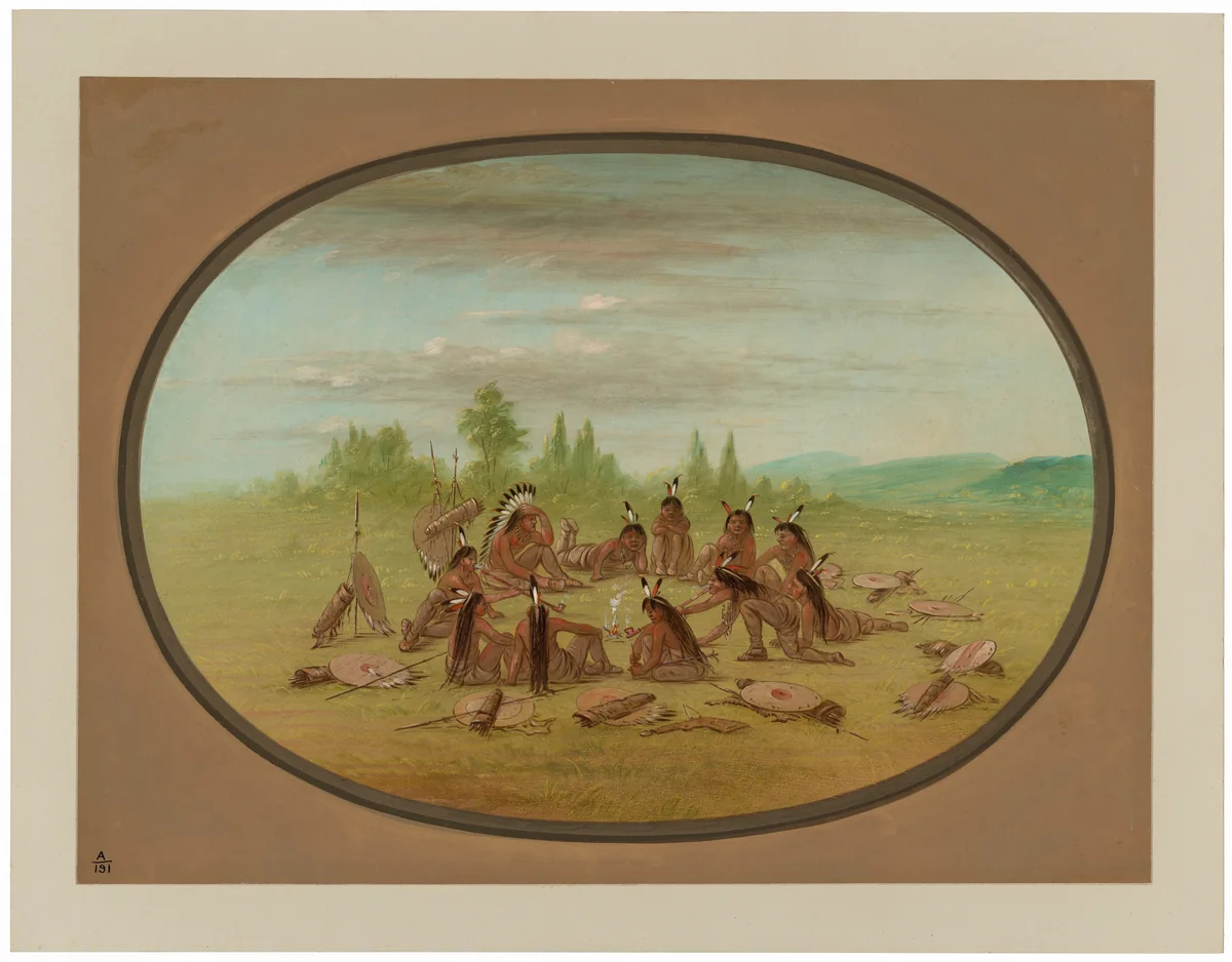A Foot War Party in Council - Mandan by George Catlin, painting, 1861-1869