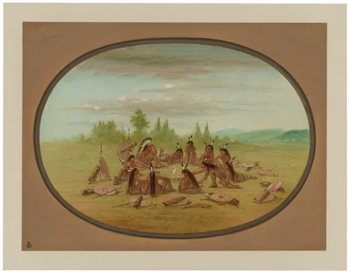 A Foot War Party in Council - Mandan by George Catlin, painting, 1861-1869