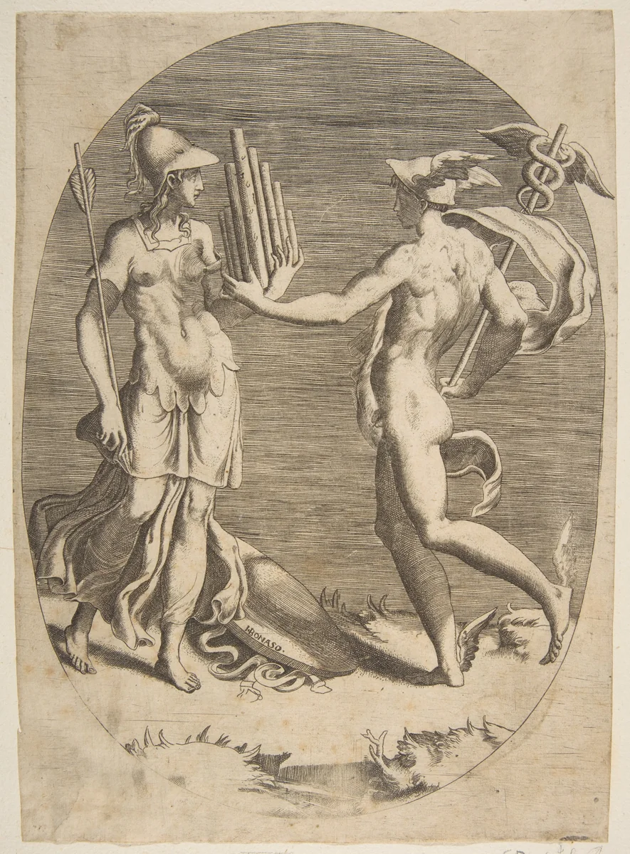 Mercury presenting a panpipe to Minerva who stands at left, an oval composition by Giulio Bonasone, print, 1531-1576