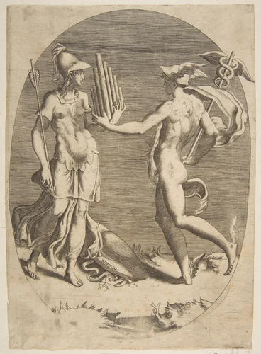 Mercury presenting a panpipe to Minerva who stands at left, an oval composition by Giulio Bonasone, print, 1531-1576