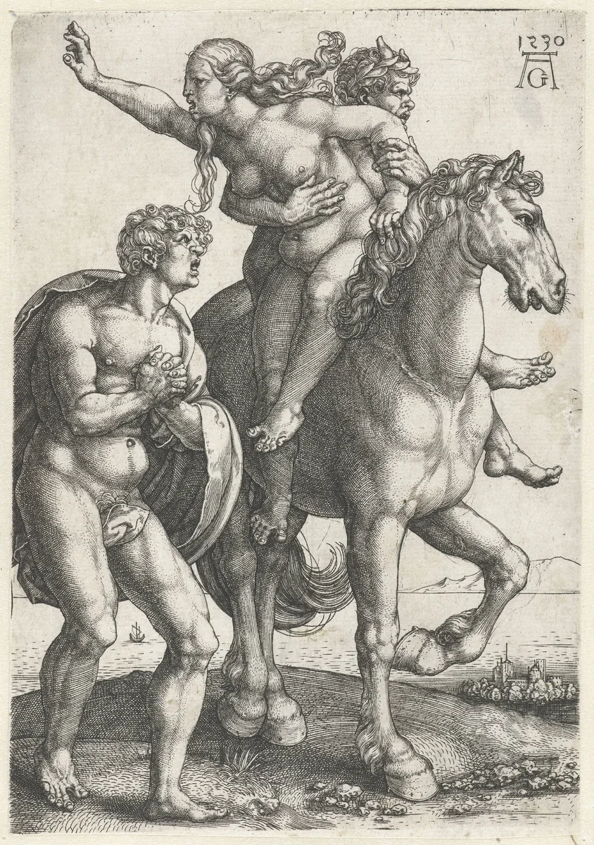 Ontvoering van een vrouw door een sater by Unknown, print, 1530