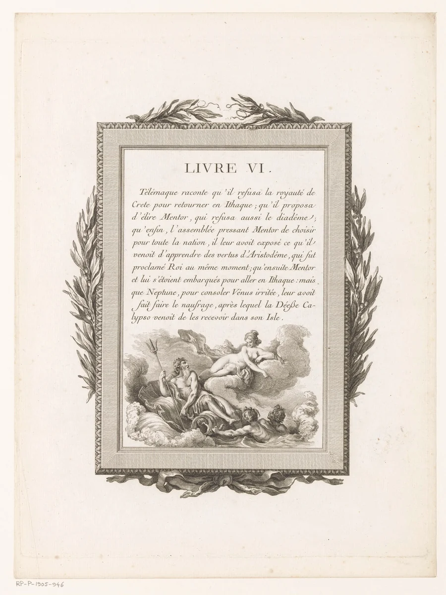 Omkaderde Franse tekst met olijftakken en Neptunus met Venus by Jean-Baptiste Tilliard, print, 1785