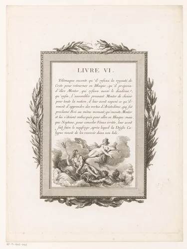 Omkaderde Franse tekst met olijftakken en Neptunus met Venus by Jean-Baptiste Tilliard, print, 1785