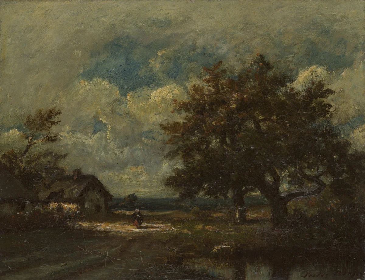 The Cottage by the Roadside, Stormy Sky by Jules Dupré, painting, 1855-1865