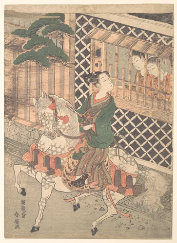 A Young Warrior on Horseback Looking at Two Girls by Haruhiro, print, 1765-1784