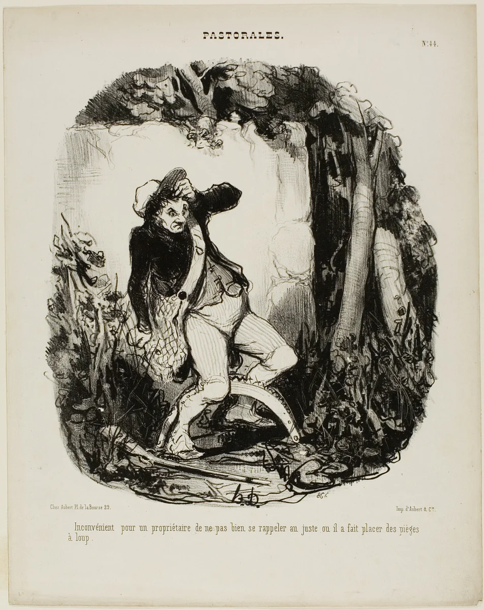 Quite embarrassing not to remember where one has hidden the wolf traps, plate 44 from Pastorales by Honoré-Victorin Daumier, print, 1846