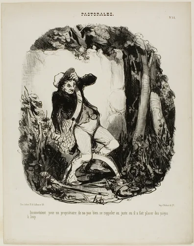 Quite embarrassing not to remember where one has hidden the wolf traps, plate 44 from Pastorales by Honoré-Victorin Daumier, print, 1846