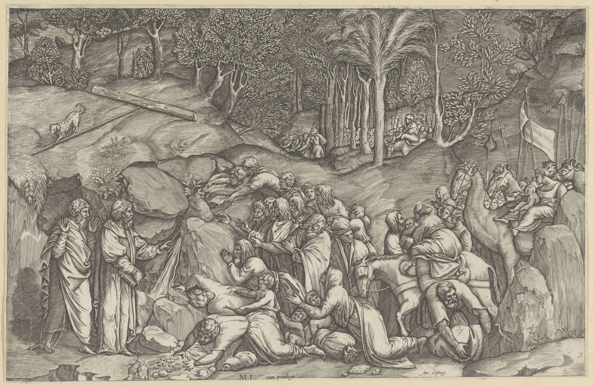 Mozes slaat water uit de rots by Unknown, print, 1534-1609