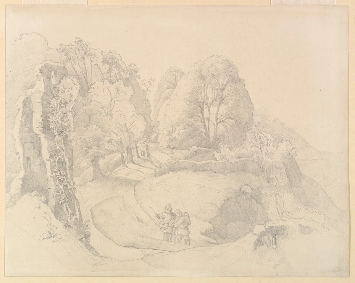 Wayfarers Near a Ruin in a Hilly Landscape by Victor Paul Mohn, drawing, 1863