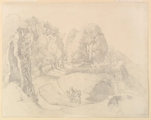 Wayfarers Near a Ruin in a Hilly Landscape by Victor Paul Mohn, drawing, 1863