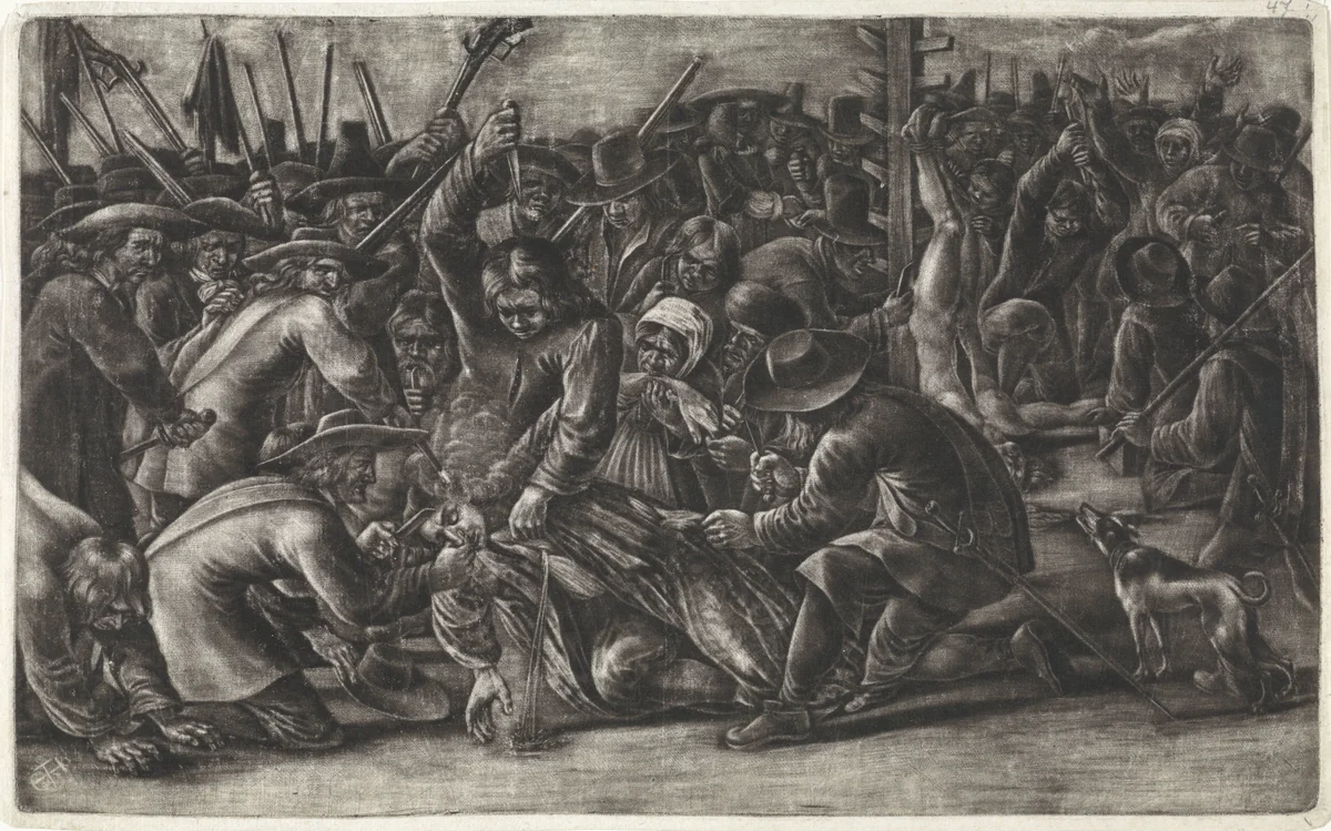 Verminking van de lichamen van de gebroeders De Witt, 1672 by Hendrick Danckerts, print, 1672-1680