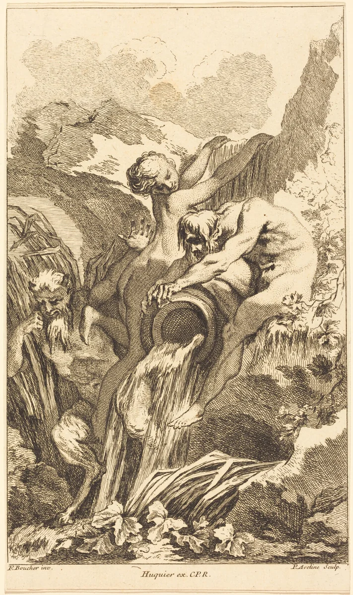 Satyr, Nymph and River God by Pierre-Alexandre Aveline; François Boucher, print, 1736