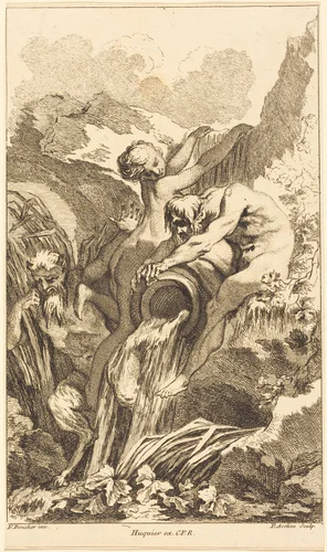 Satyr, Nymph and River God by Pierre-Alexandre Aveline; François Boucher, print, 1736
