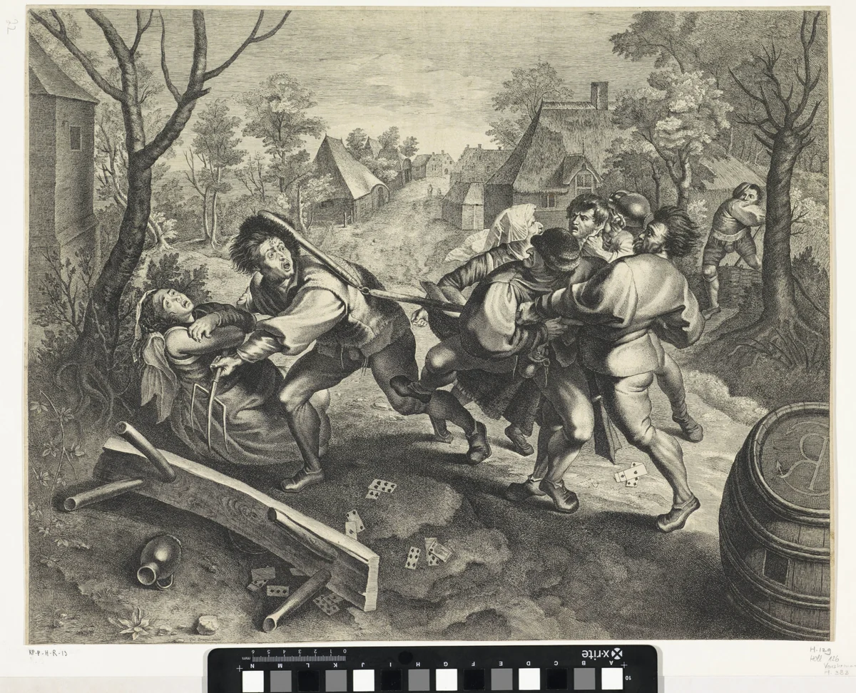 Vechtende boeren na een kaartspel by Lucas Vorsterman, print, 1619-1675