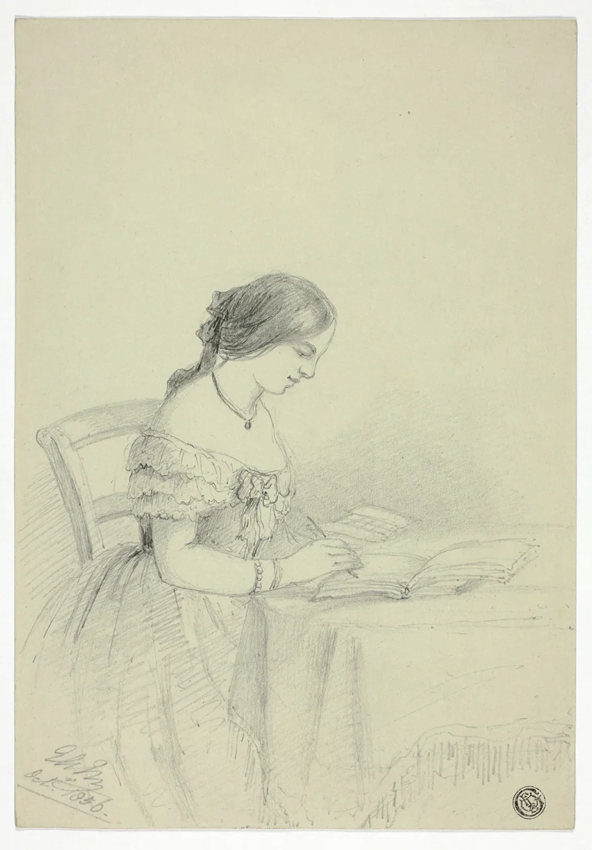 Woman Watercoloring (possibly a Self Portrait) by Elizabeth Murray, drawing, 1856