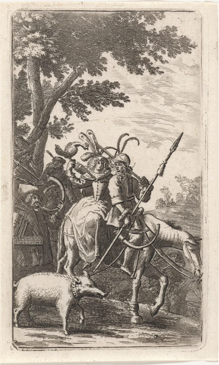Jagend gezelschap by Abraham Dircksz. Santvoort, print, 1668