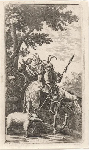 Jagend gezelschap by Abraham Dircksz. Santvoort, print, 1668