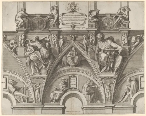 Portion of the Ceiling of the Sistine Chapel with the Libyan Sibyl, Prophet Daniel, Jesse, David, and Solomon, from Sibyls and Prophets from the Sistine Chapel Vaults by Cherubino Alberti, print, 1577