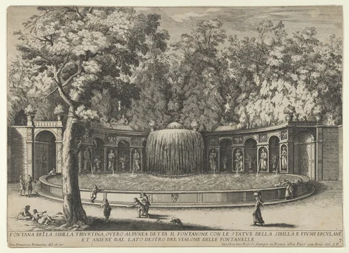 Book IV, plate 7: the fountain of the Tiburtine sibyl in the garden at Villa d'Este, Tivoli, from "The fountains of the Este garden in Tivoli" (Le fontane del Giardino Estense in Tivoli) by Giovanni Francesco Venturini, print, 1676-1700