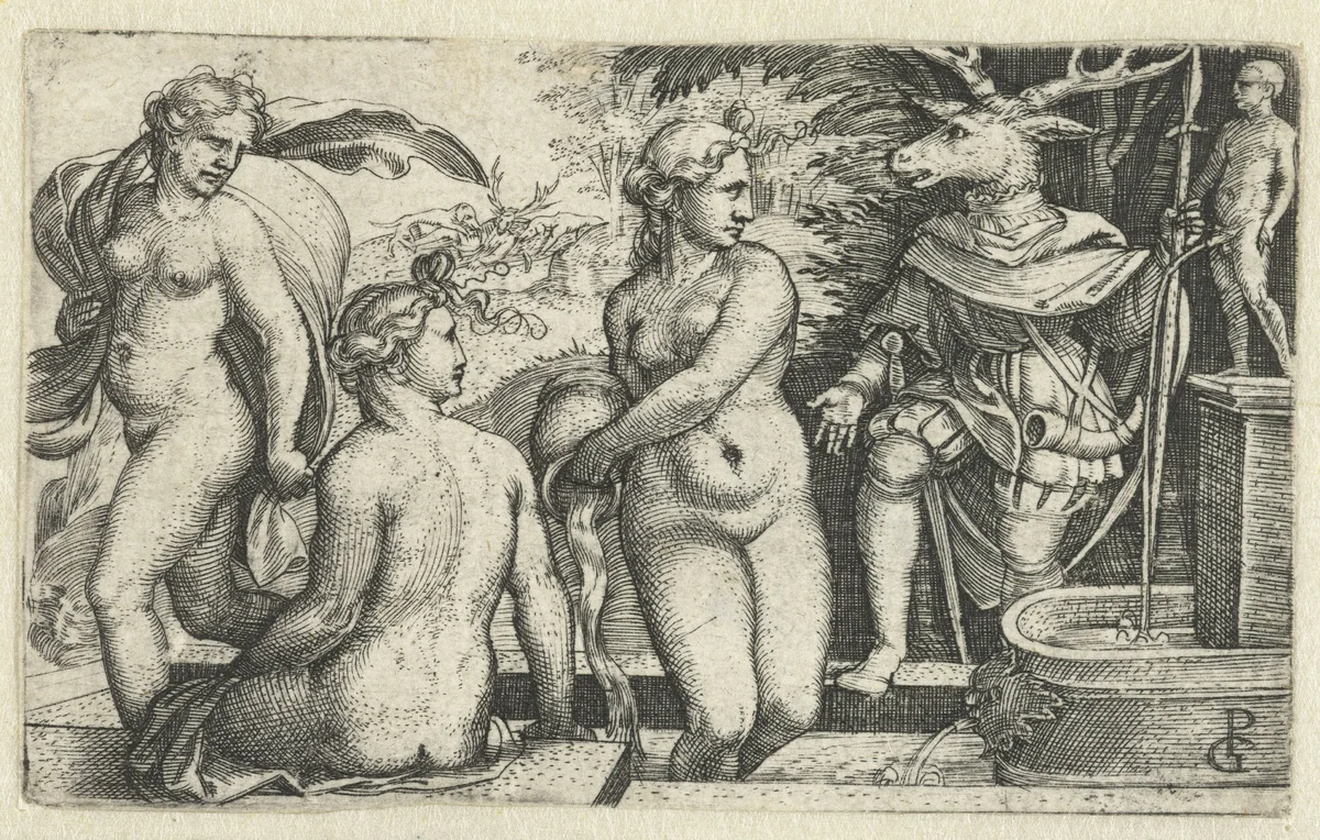 Diana verandert Acteon voor straf in een hert by Unknown, print, 1531-1535
