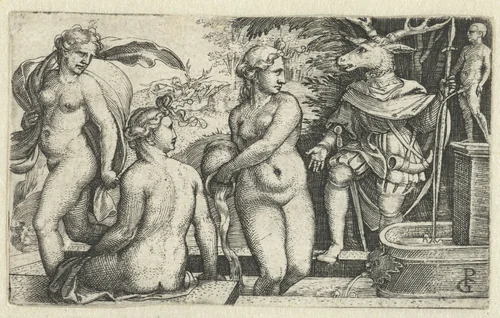 Diana verandert Acteon voor straf in een hert by Unknown, print, 1531-1535